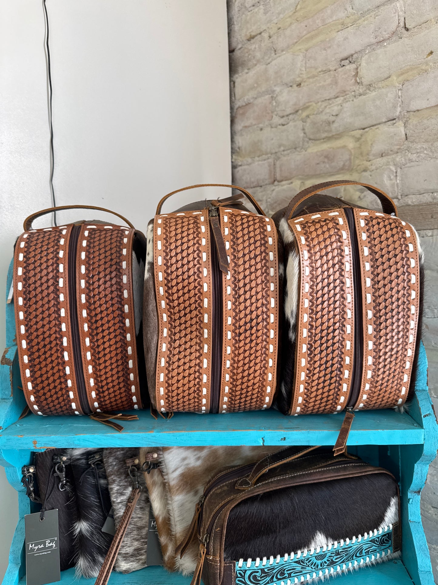 Leather Tooled Basketweave Toiletry Bag