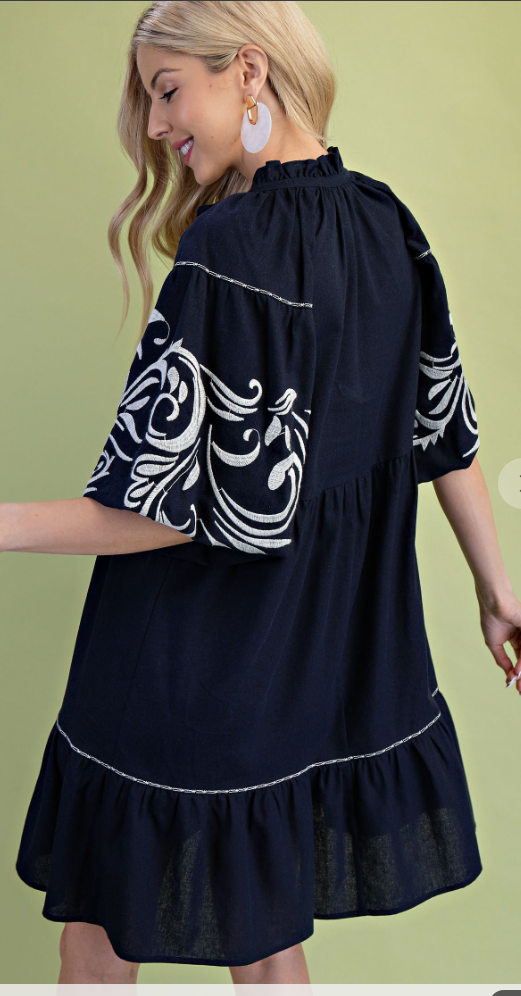 Embroidered Puff Sleeve Dress