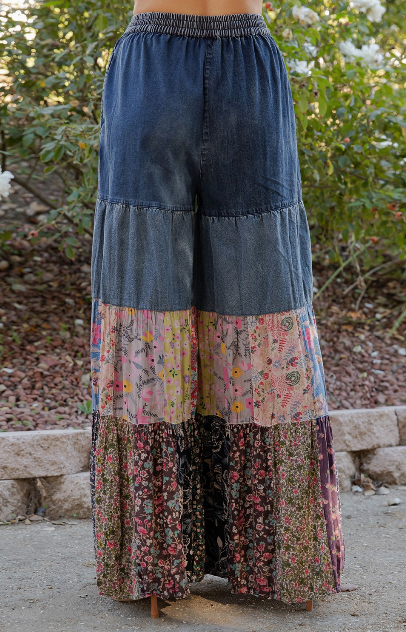 Denim Floral Boho Pants