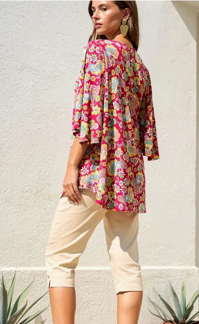 Abstract Floral V-Neck Top