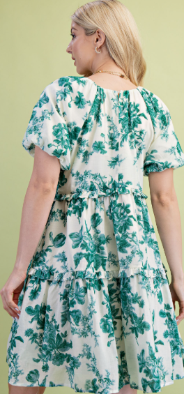 Green Floral Tier Ruffle Dress