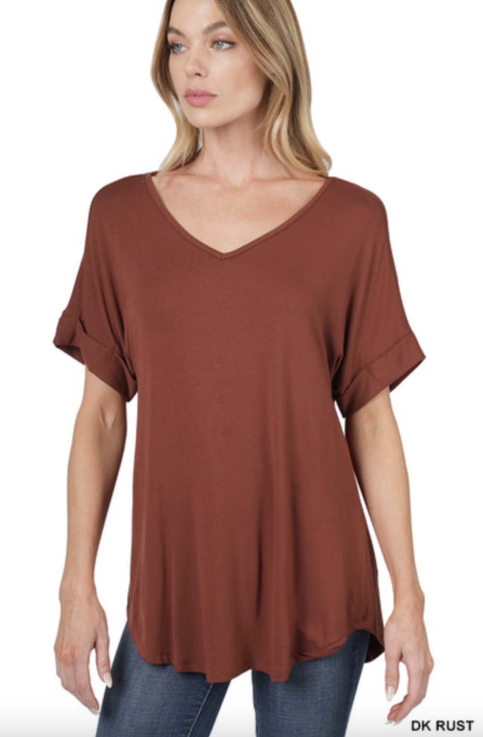 Basic Cuff Sleeve V-Neck Top