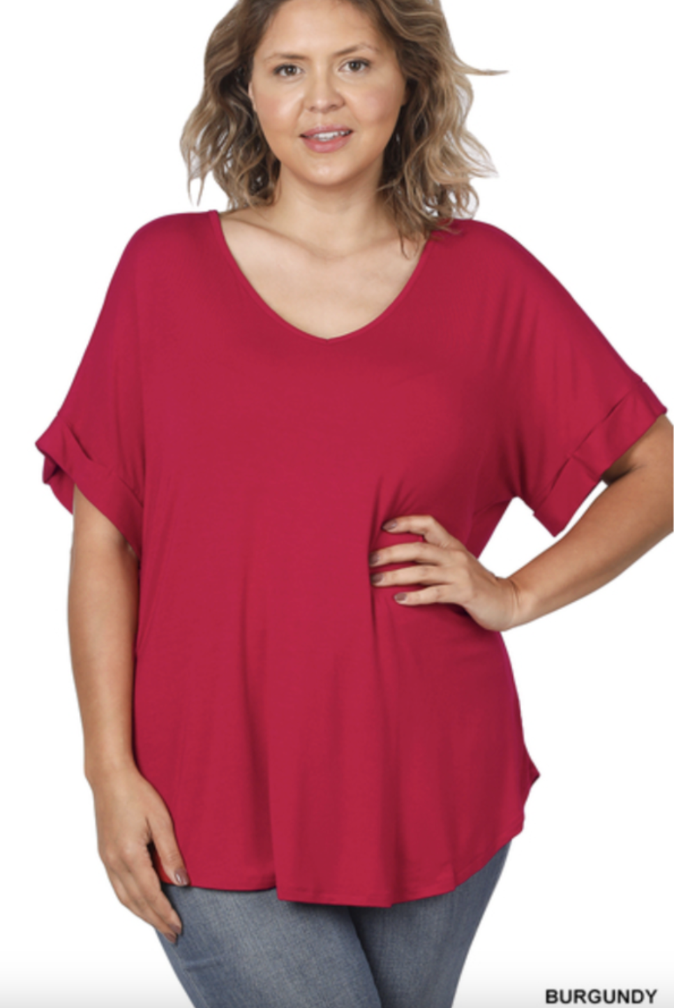 Basic Cuff Sleeve V-Neck Top