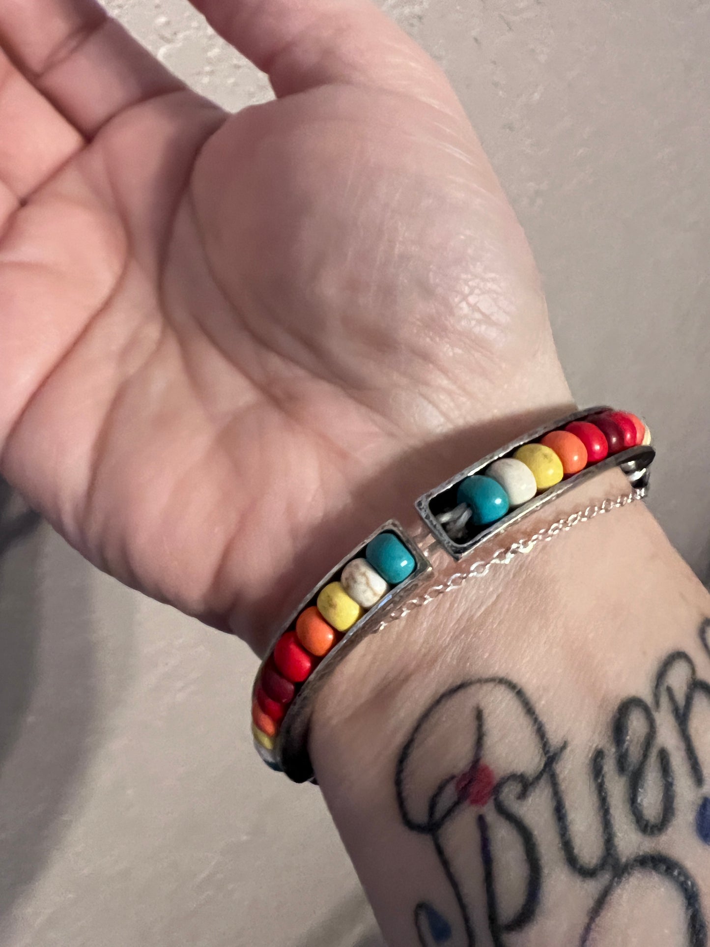 Silver Cactus and Multi Colored Bead Stretch Bracelet