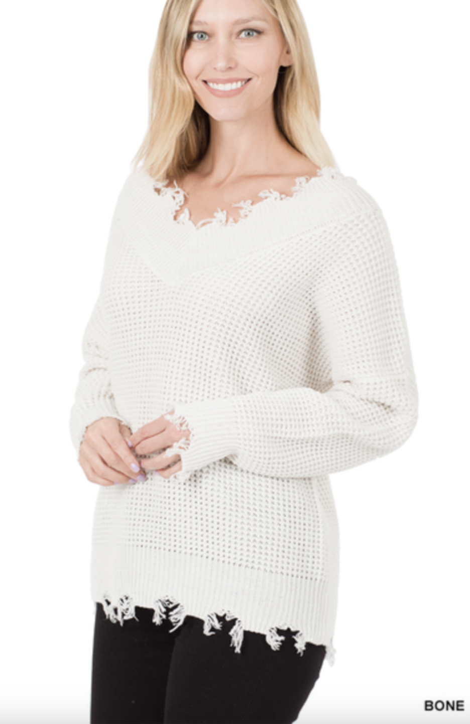 Wide V-Neck Distressed Sweater
