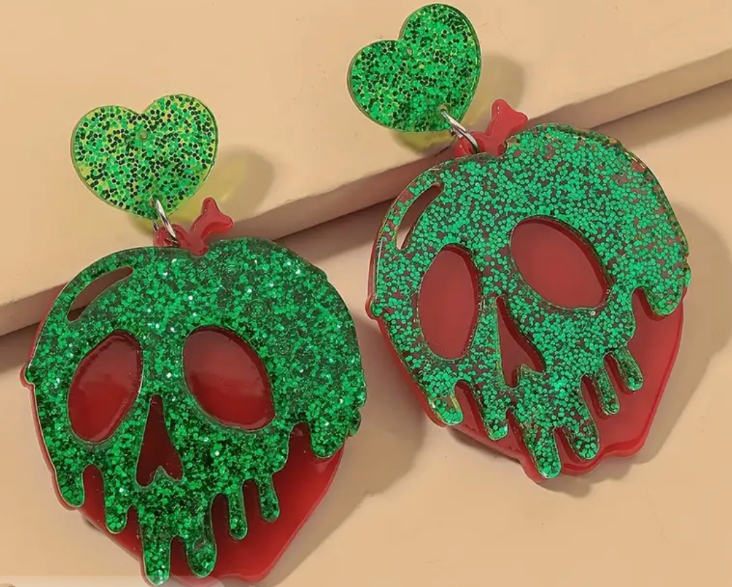 Green Skull Apple Earrings