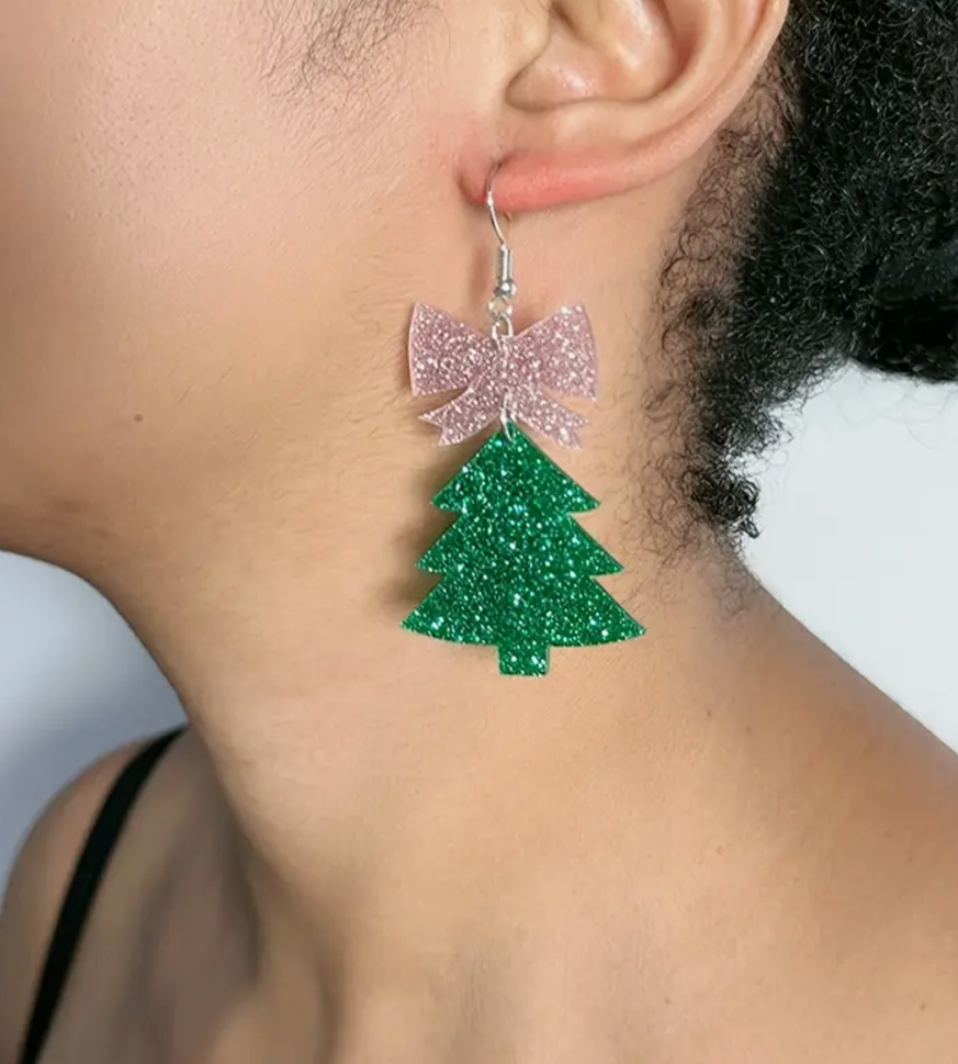 Pink Bow Christmas Tree Earrings