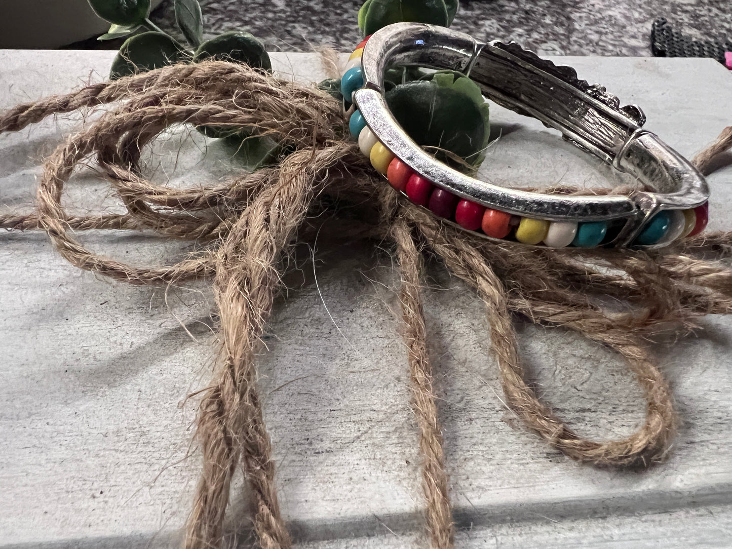 Silver Cactus and Multi Colored Bead Stretch Bracelet