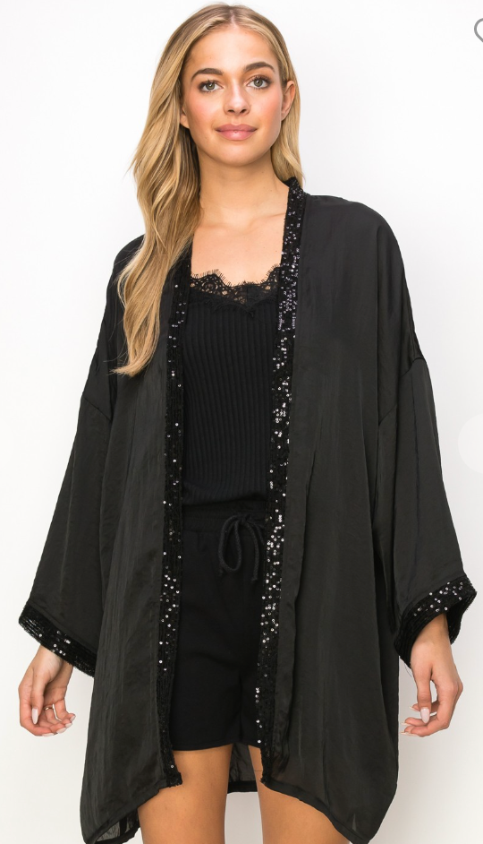 Satin Sequin Trim Kimono