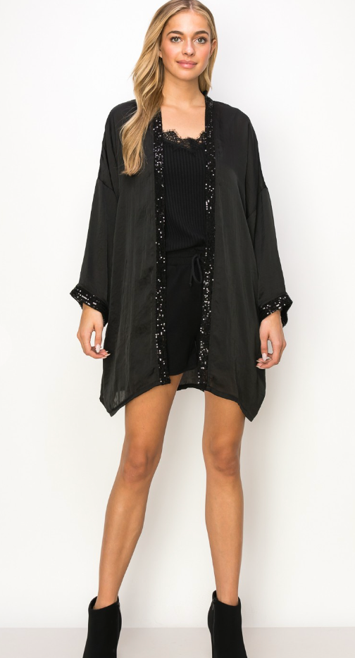 Satin Sequin Trim Kimono