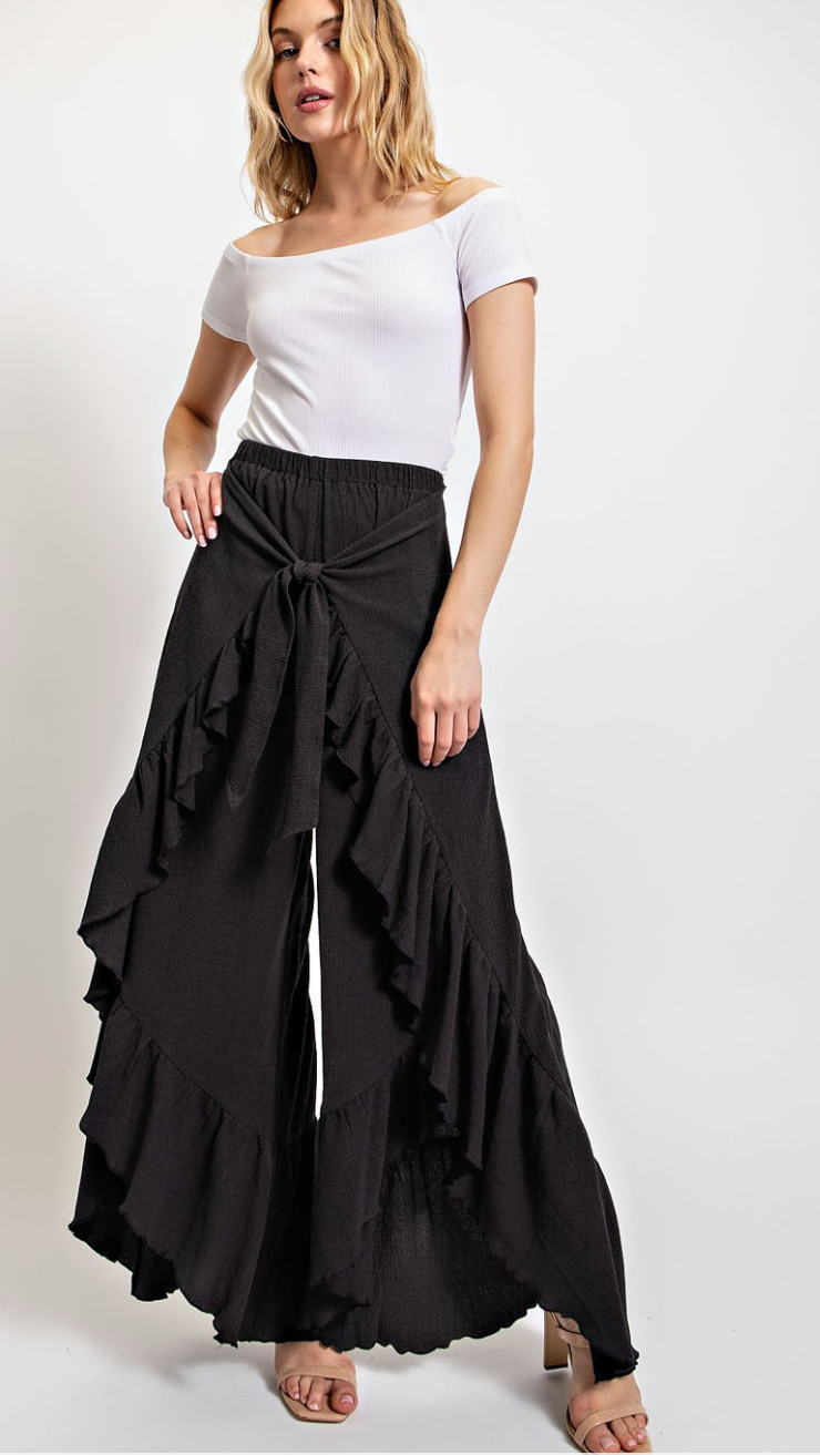 Shirred Hem Tie Front Flowy Pants