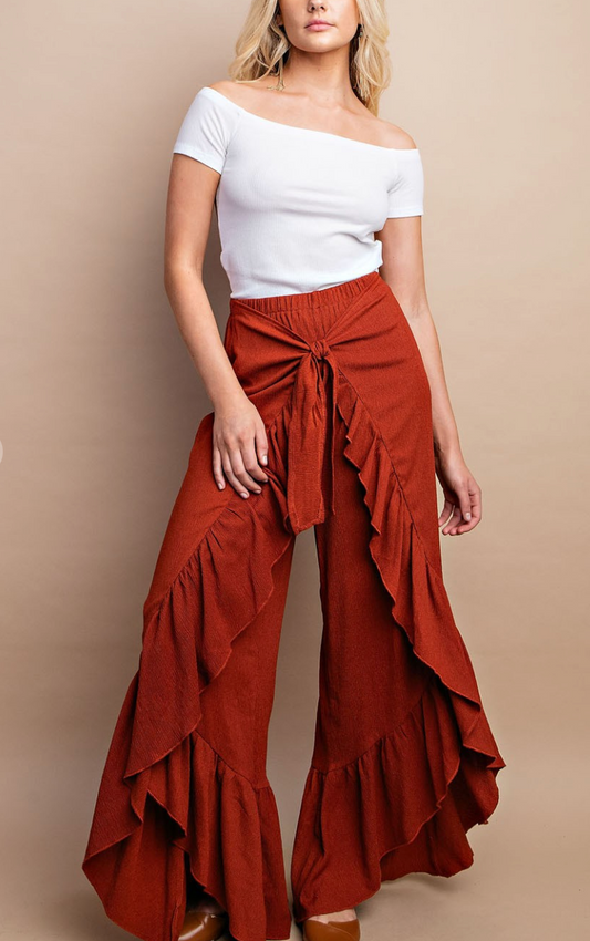 Shirred Hem Tie Front Flowy Pants