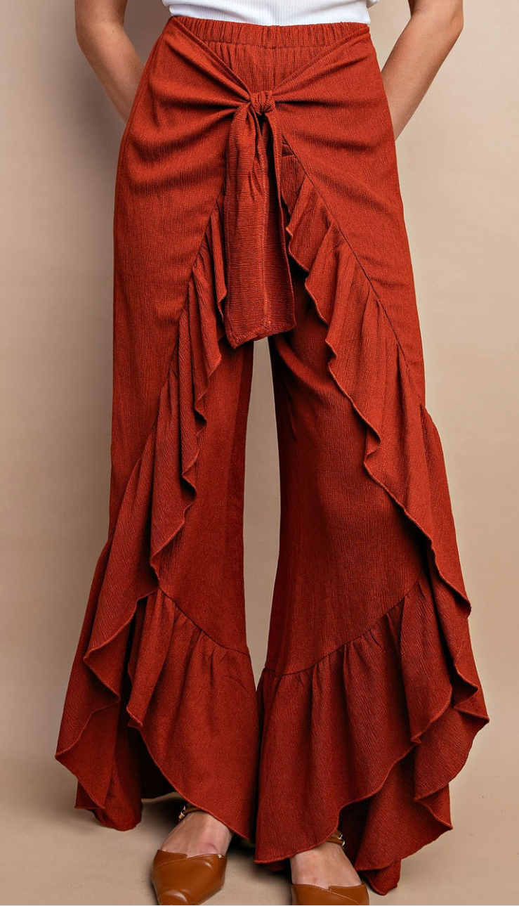 Shirred Hem Tie Front Flowy Pants