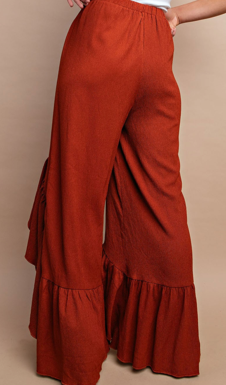 Shirred Hem Tie Front Flowy Pants