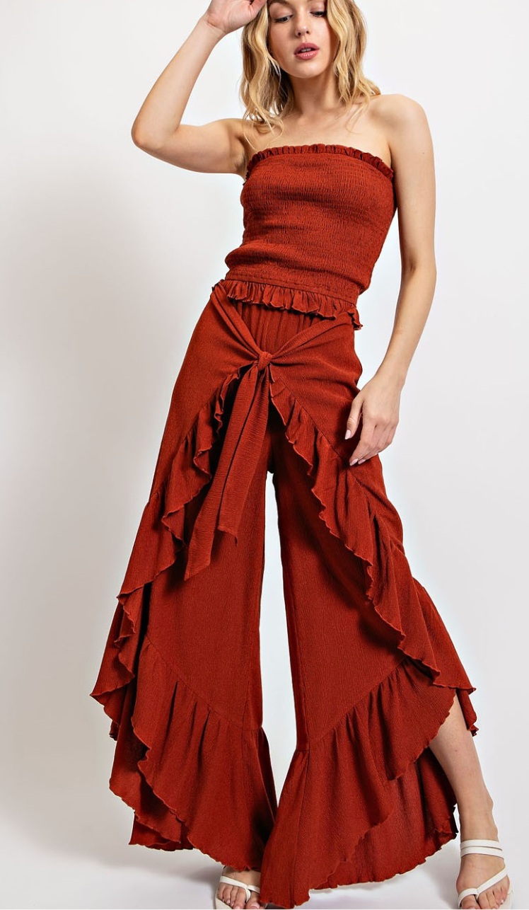 Shirred Hem Tie Front Flowy Pants