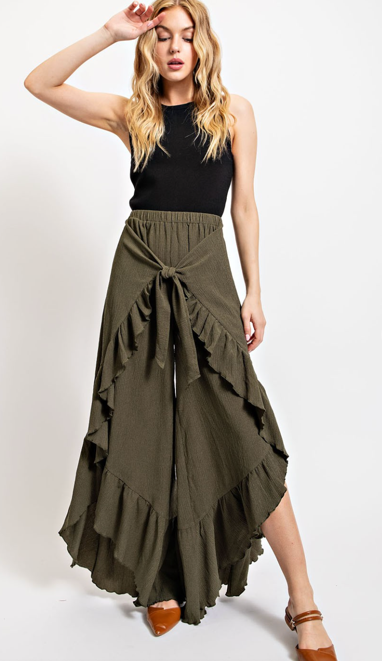 Shirred Hem Tie Front Flowy Pants