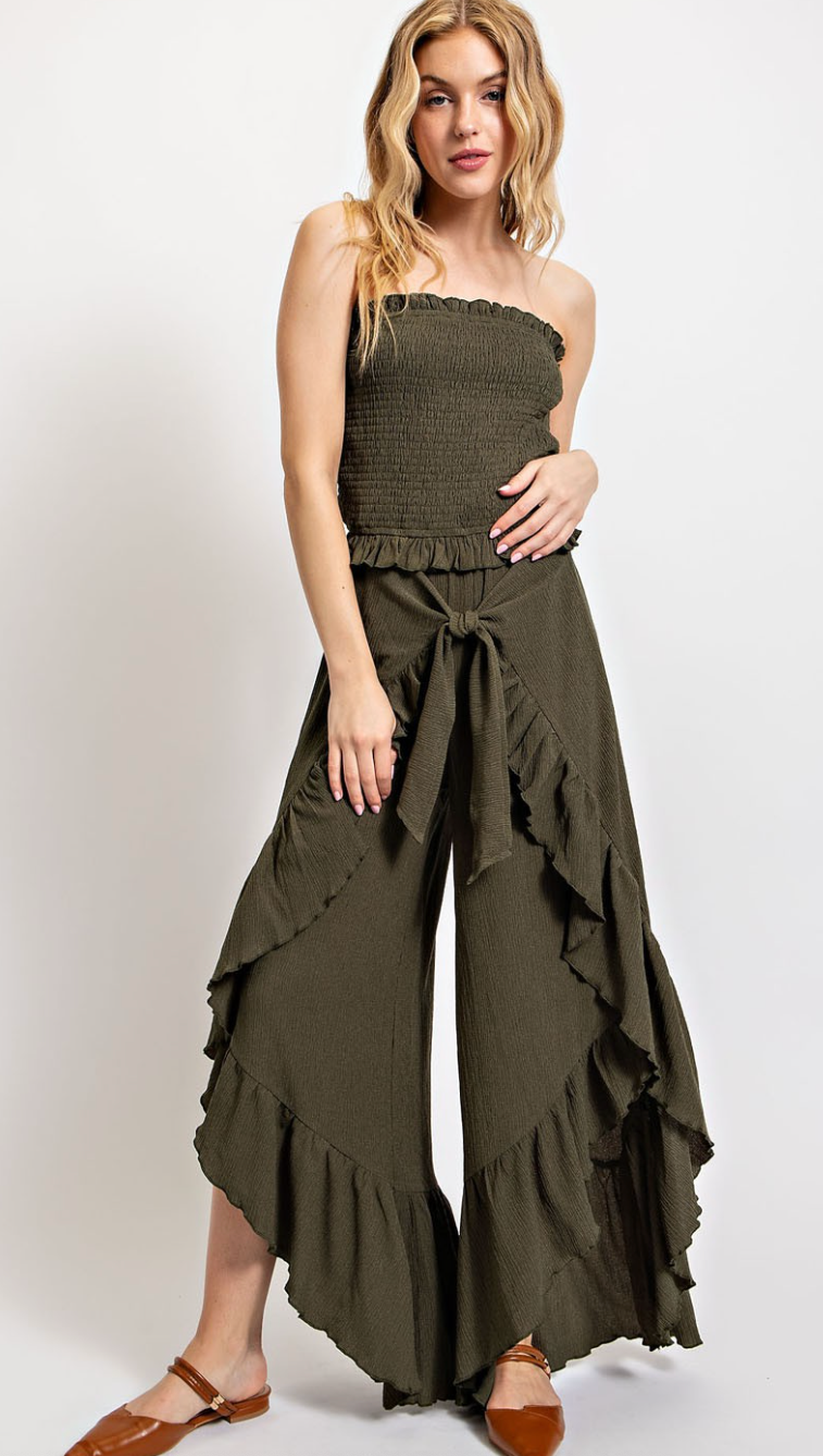 Shirred Hem Tie Front Flowy Pants