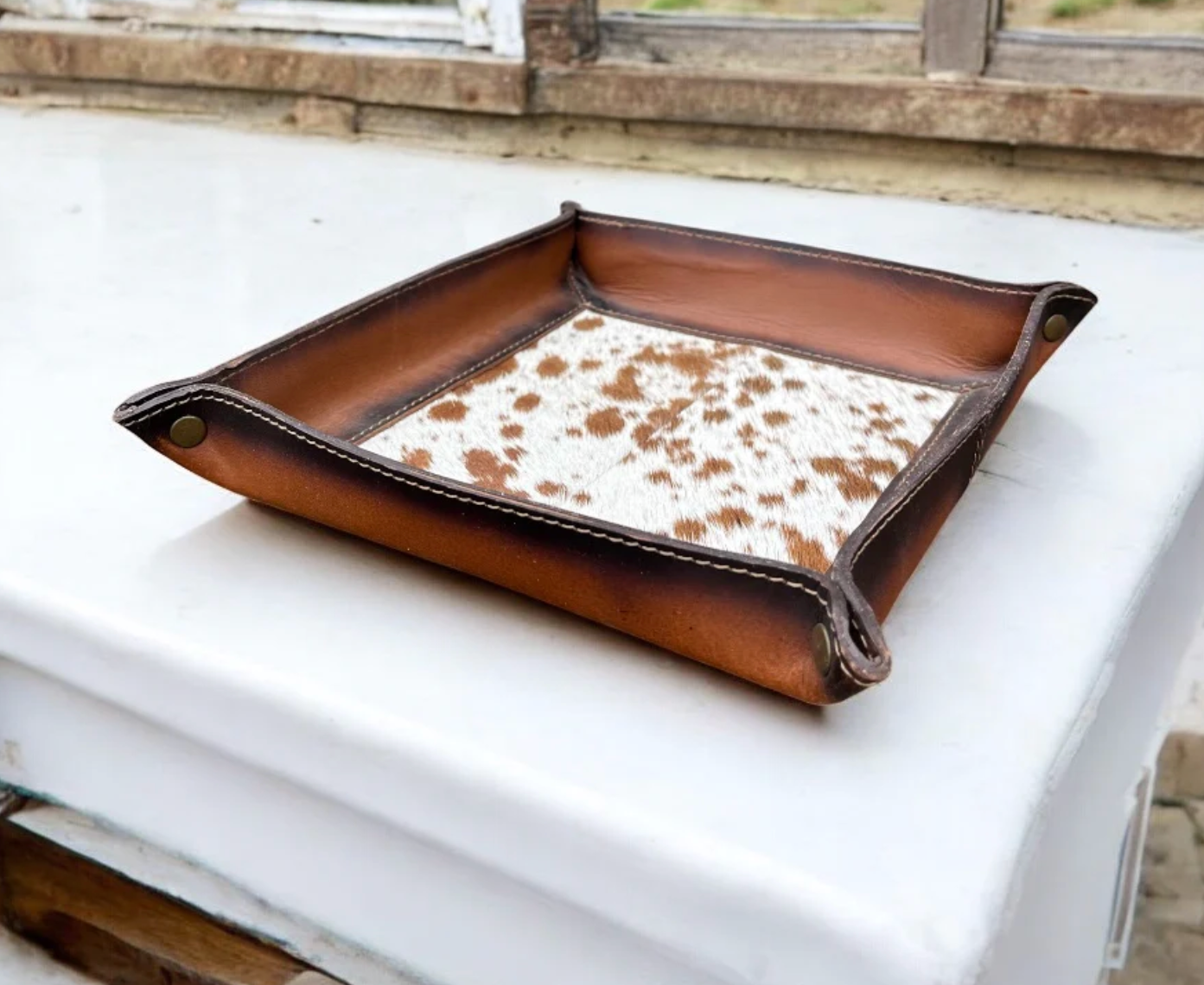 Square Cowhide Leather Tray