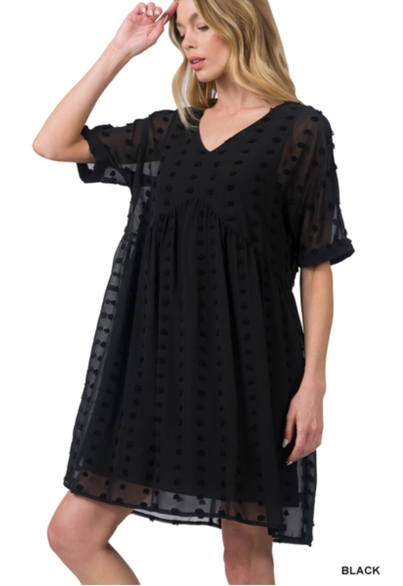 Swiss Dot Babydoll V-Neck Dress