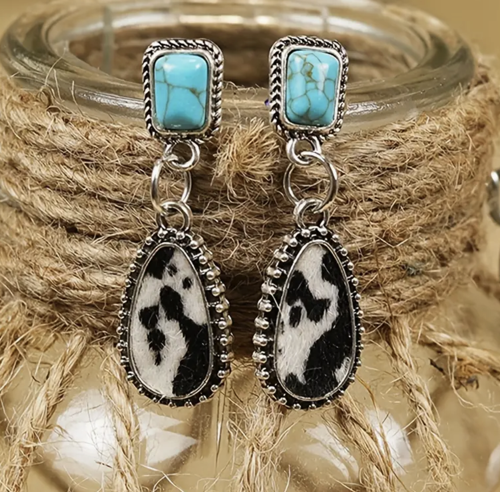 Turquoise & Cowhide Droplet Earrings