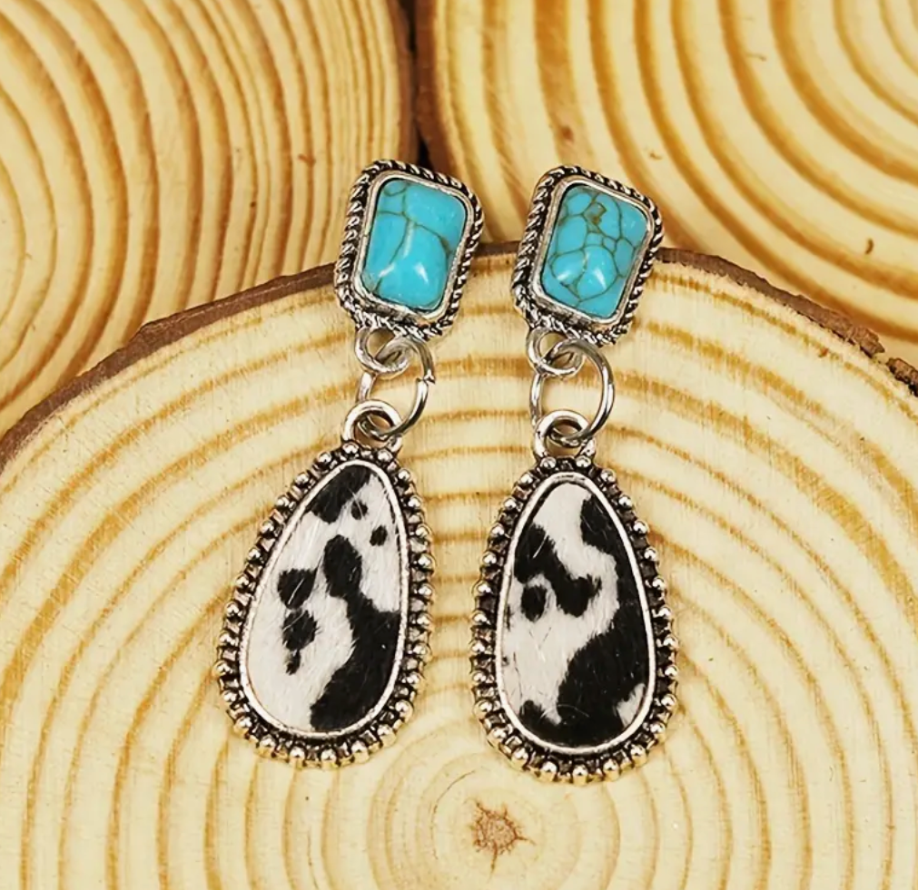 Turquoise & Cowhide Droplet Earrings