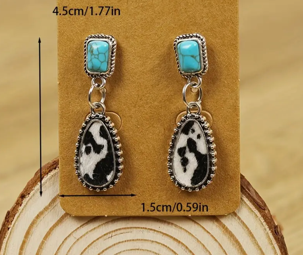 Turquoise & Cowhide Droplet Earrings