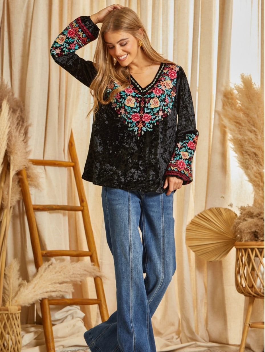 Embroidered Velvet Top
