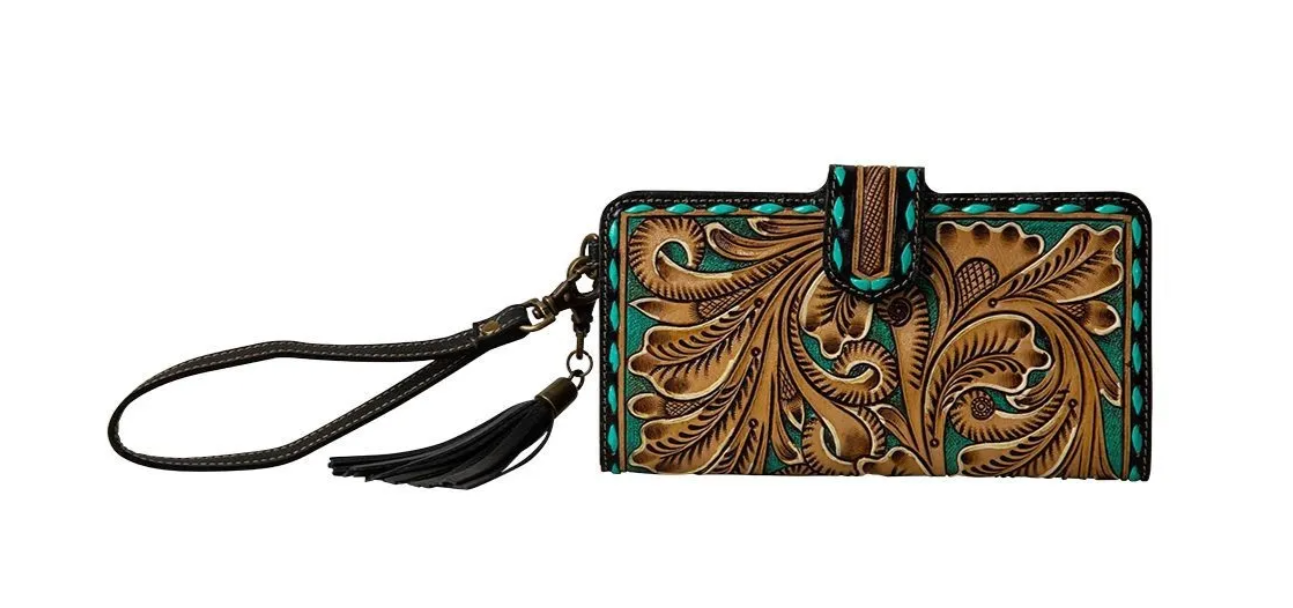 Western Swing Hand-Tooled Wristlet Wallet