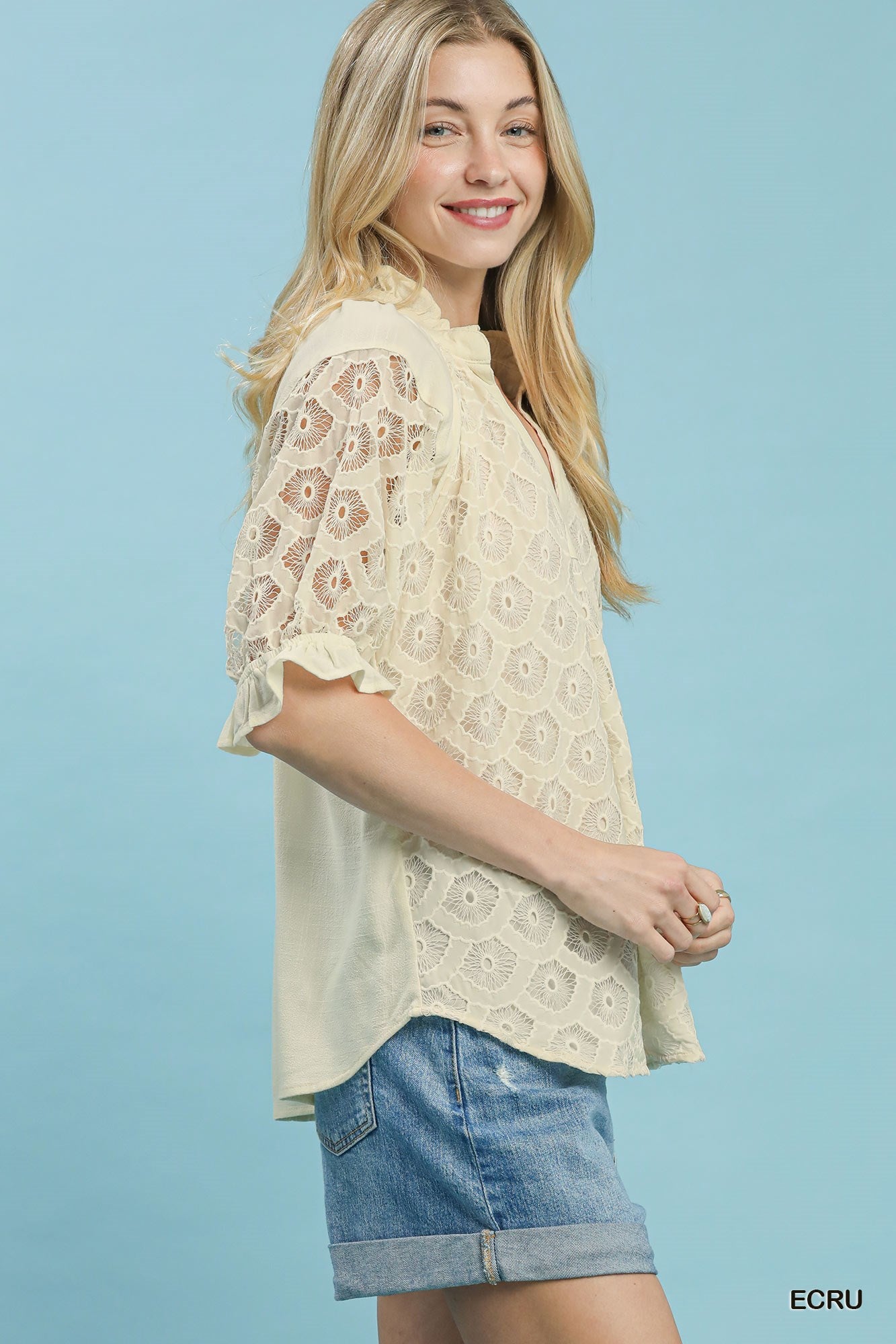 V-Neck Lace Puff Sleeve Top