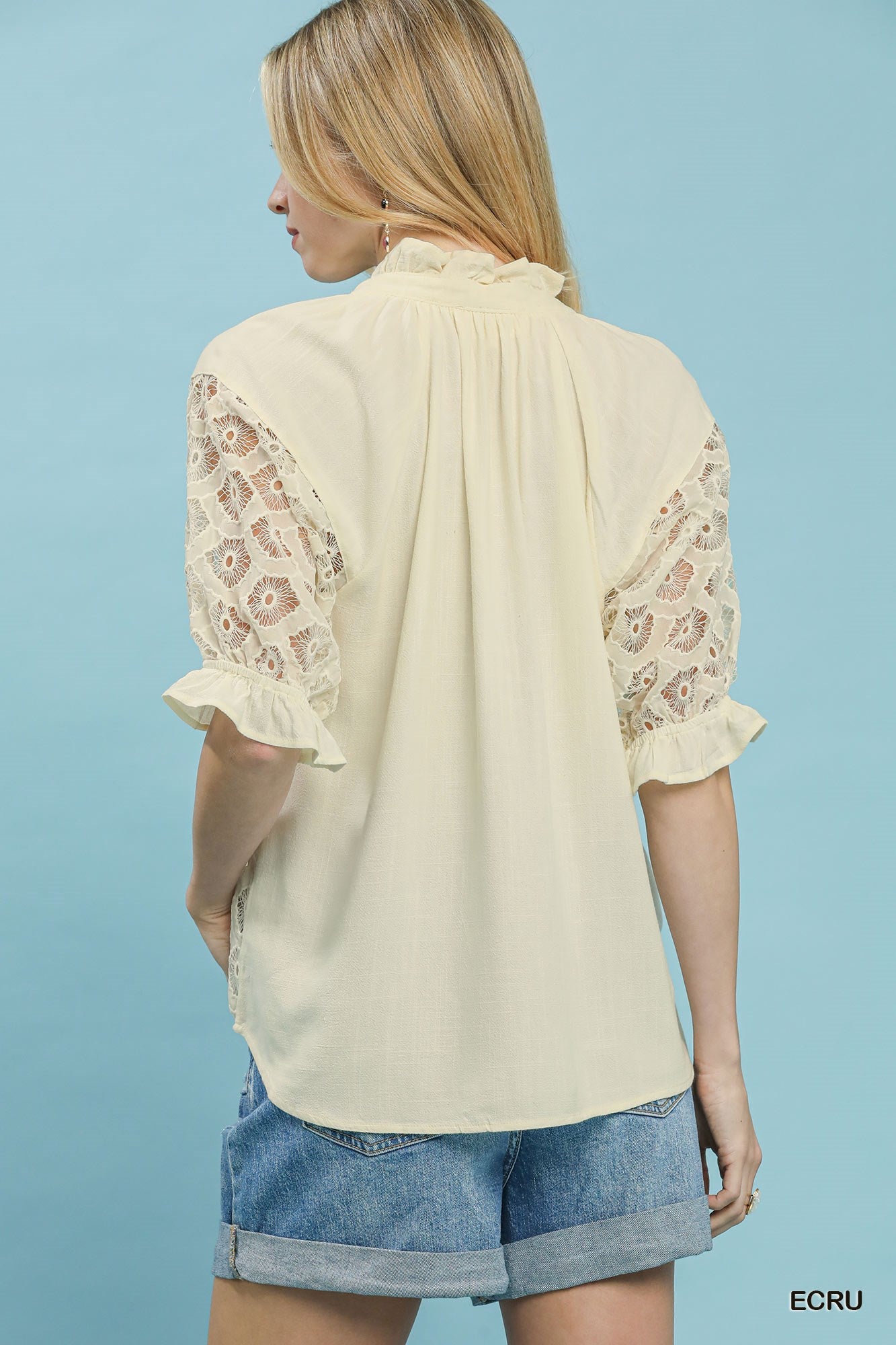 V-Neck Lace Puff Sleeve Top
