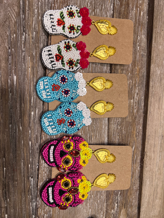 Sea Bead Sugar Skull Earrings