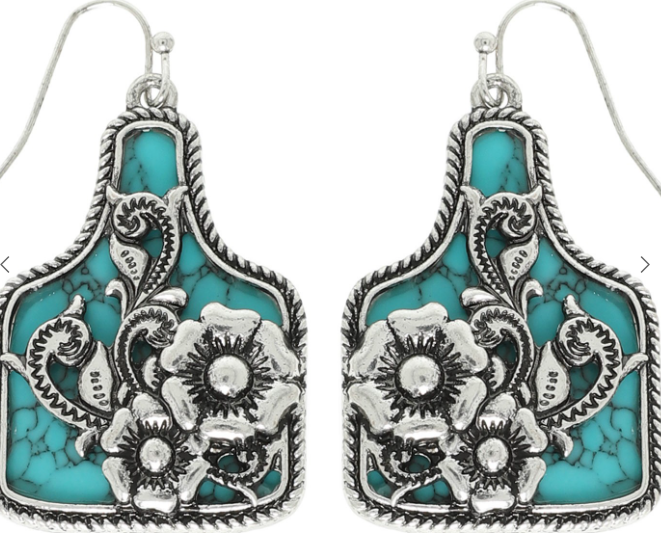 Turquoise Floral Cow Tag Earrings