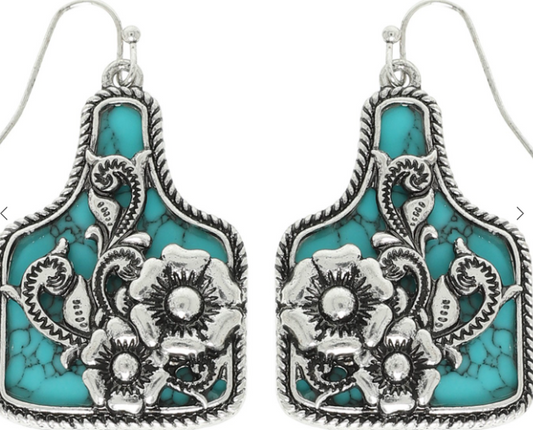 Turquoise Floral Cow Tag Earrings