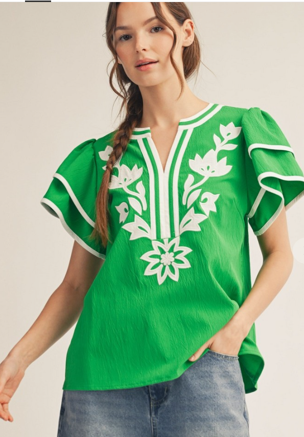 Floral Applique Flutter Sleeve Top