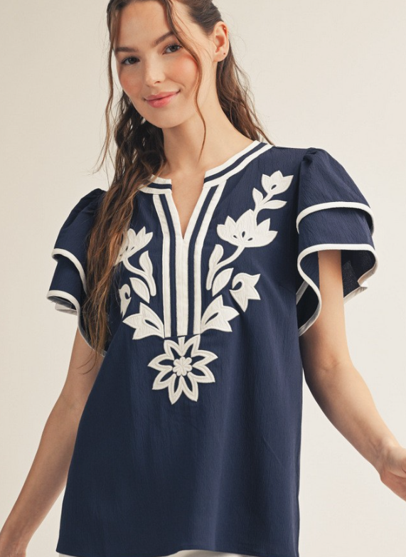 Floral Applique Flutter Sleeve Top