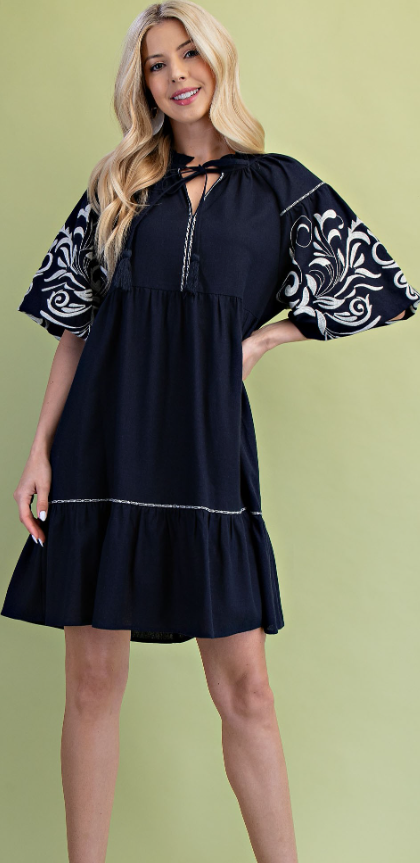 Embroidered Puff Sleeve Dress