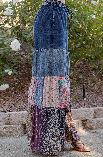 Denim Floral Boho Pants