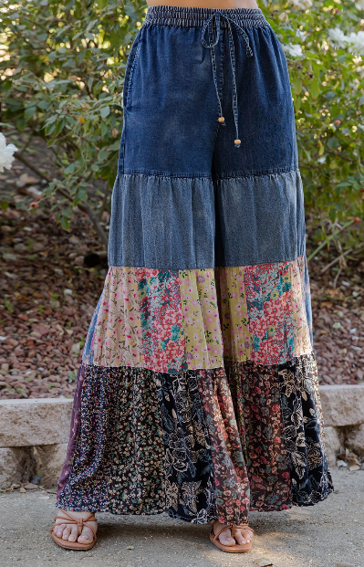 Denim Floral Boho Pants