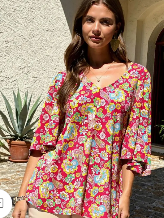 Abstract Floral V-Neck Top