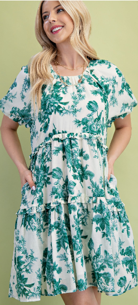 Green Floral Tier Ruffle Dress