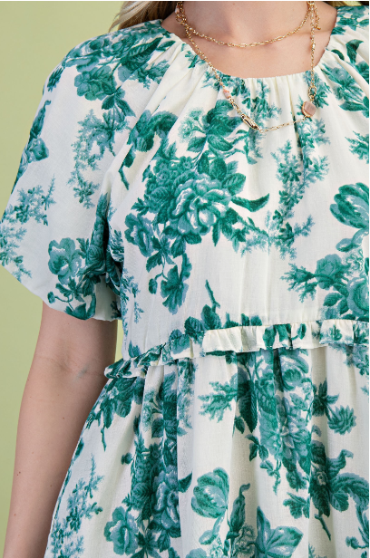 Green Floral Tier Ruffle Dress