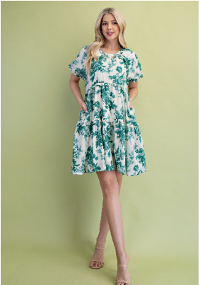Green Floral Tier Ruffle Dress