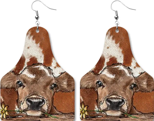 Printed Cow Ear Tag Earrings