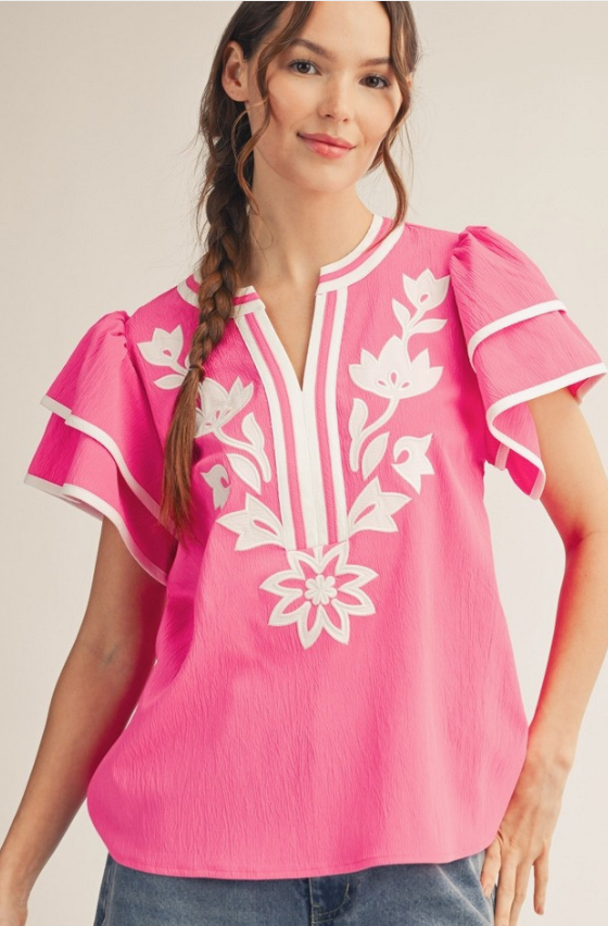 Floral Applique Flutter Sleeve Top