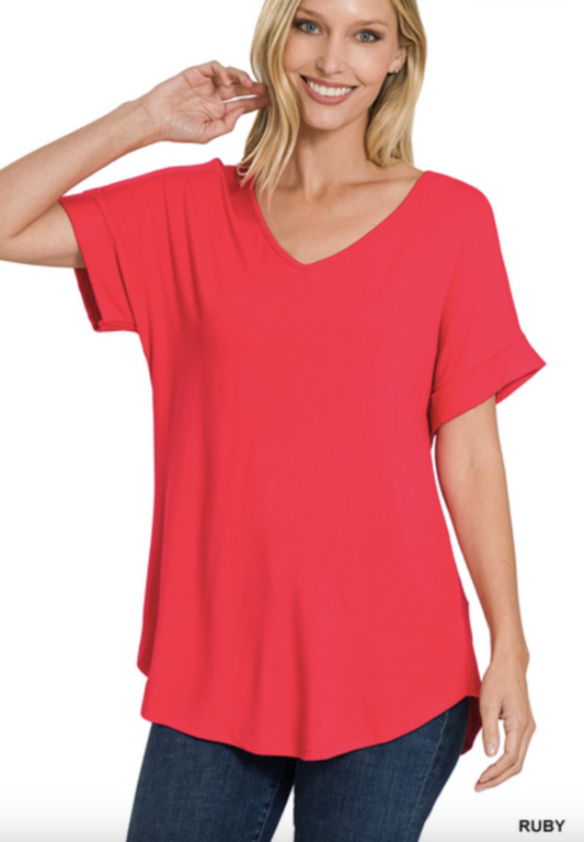 Basic Cuff Sleeve V-Neck Top