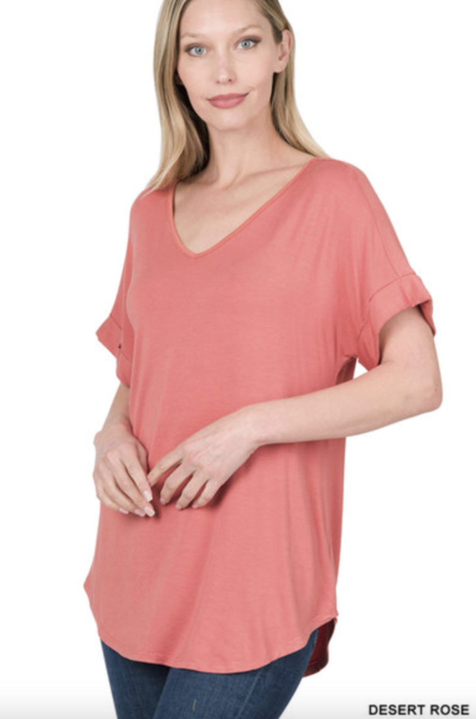 Basic Cuff Sleeve V-Neck Top
