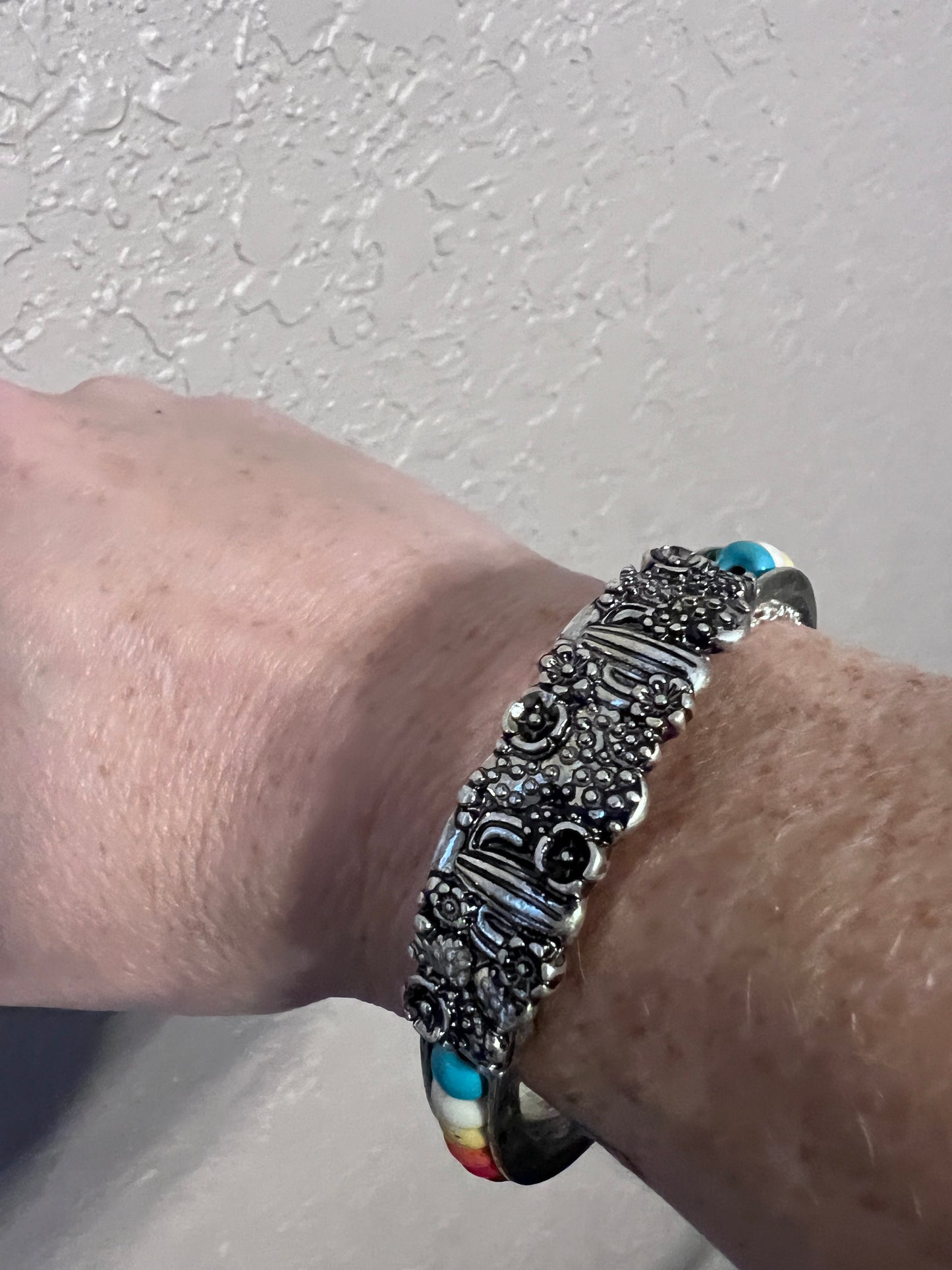 Silver Cactus and Multi Colored Bead Stretch Bracelet