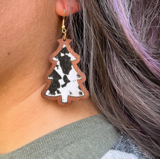Wooden Christmas Tree Cowhide Earrings