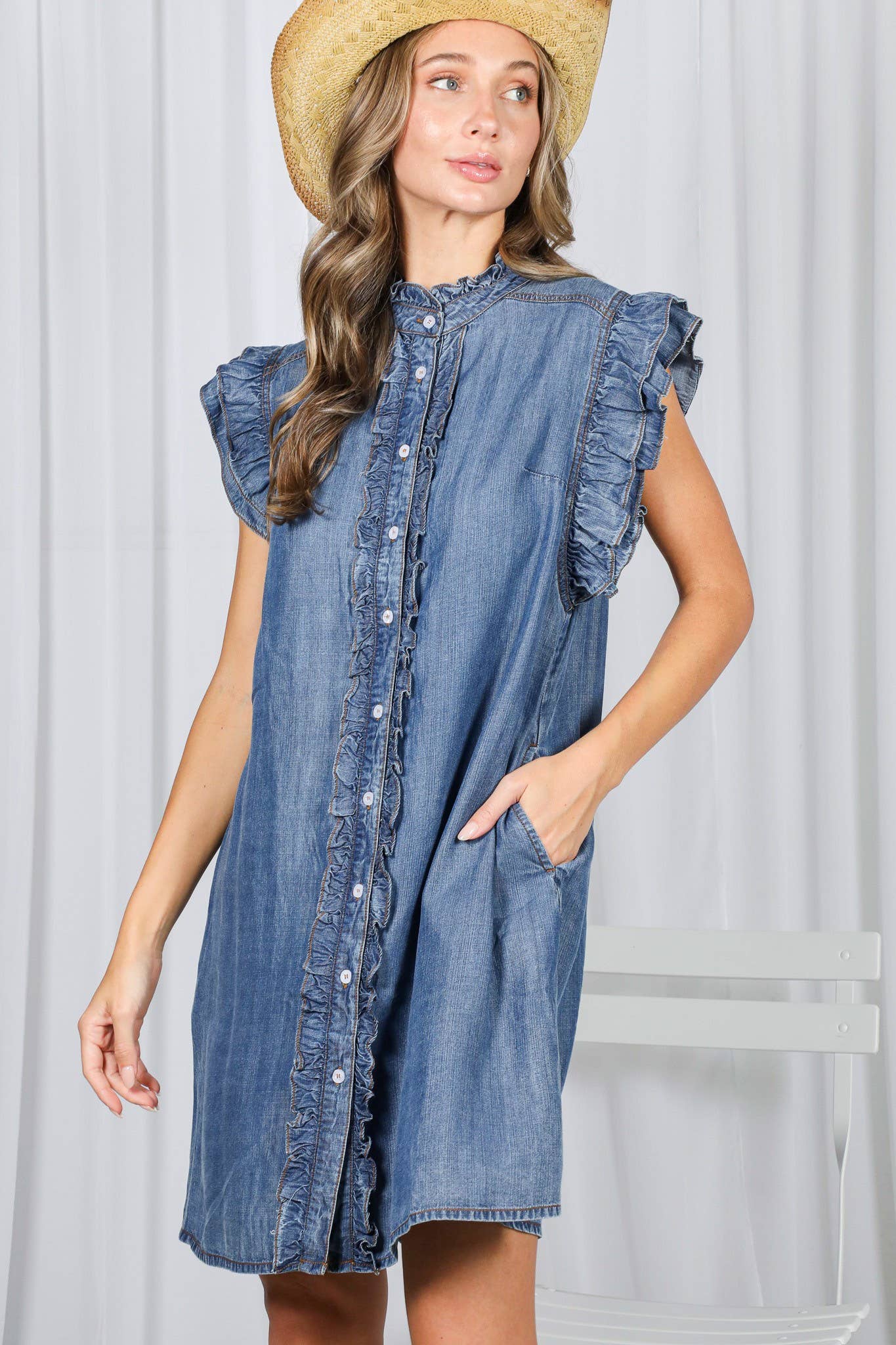 Chambray Ruffle Dress