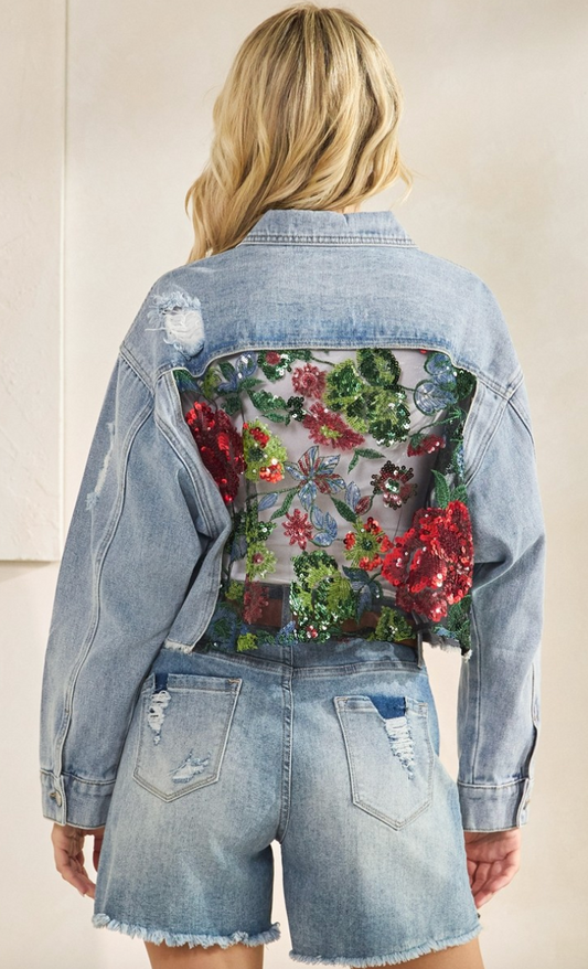 Denim Lace Floral Jacket